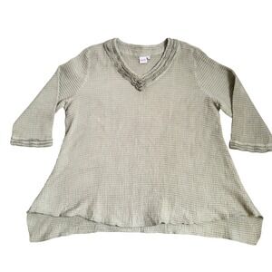 FOCUS Womens Sage Green Waffle Knit V-Neck 3/4 Sleeve Tunic Top‎ Boho Hippie  XL